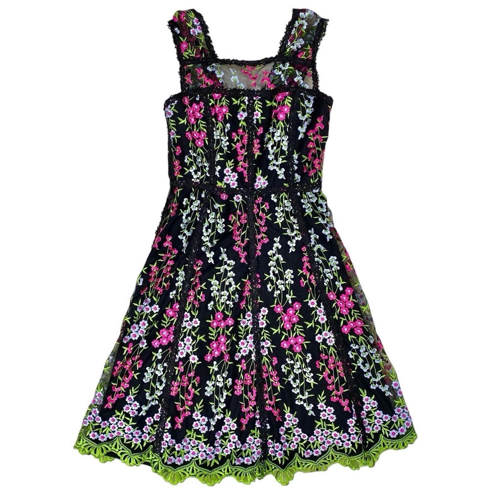 Parker Black Black Floral Embroidered Cocktail Summer Dress Sheer Coquette